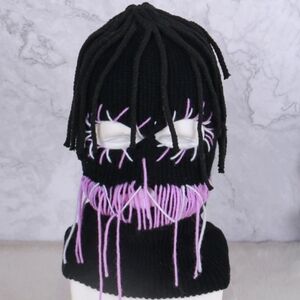 Handmade Crochet Balaclava Ski Mask w/ Yarn Dreadlocks Black & Purple Streetwear